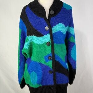 Colorful Women's Sweater with Black, Blue, and Green Design